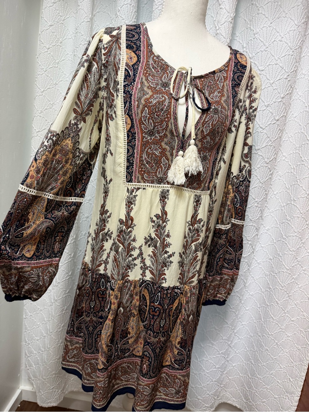 Boho Paisley Cream and Brown Peasant Dress